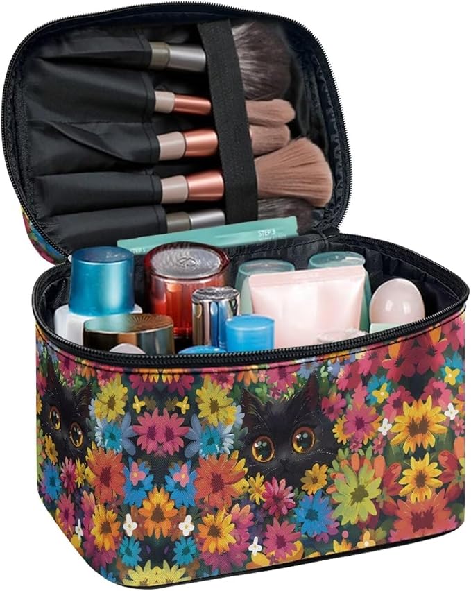 Drydeepin Black Cat Colorful Flowers Pattern Travel Makeup Bag for Women Large Capacity Cosmetic Bag with Zipper and Handle Portable Toiletry Bag Make Up Organizers