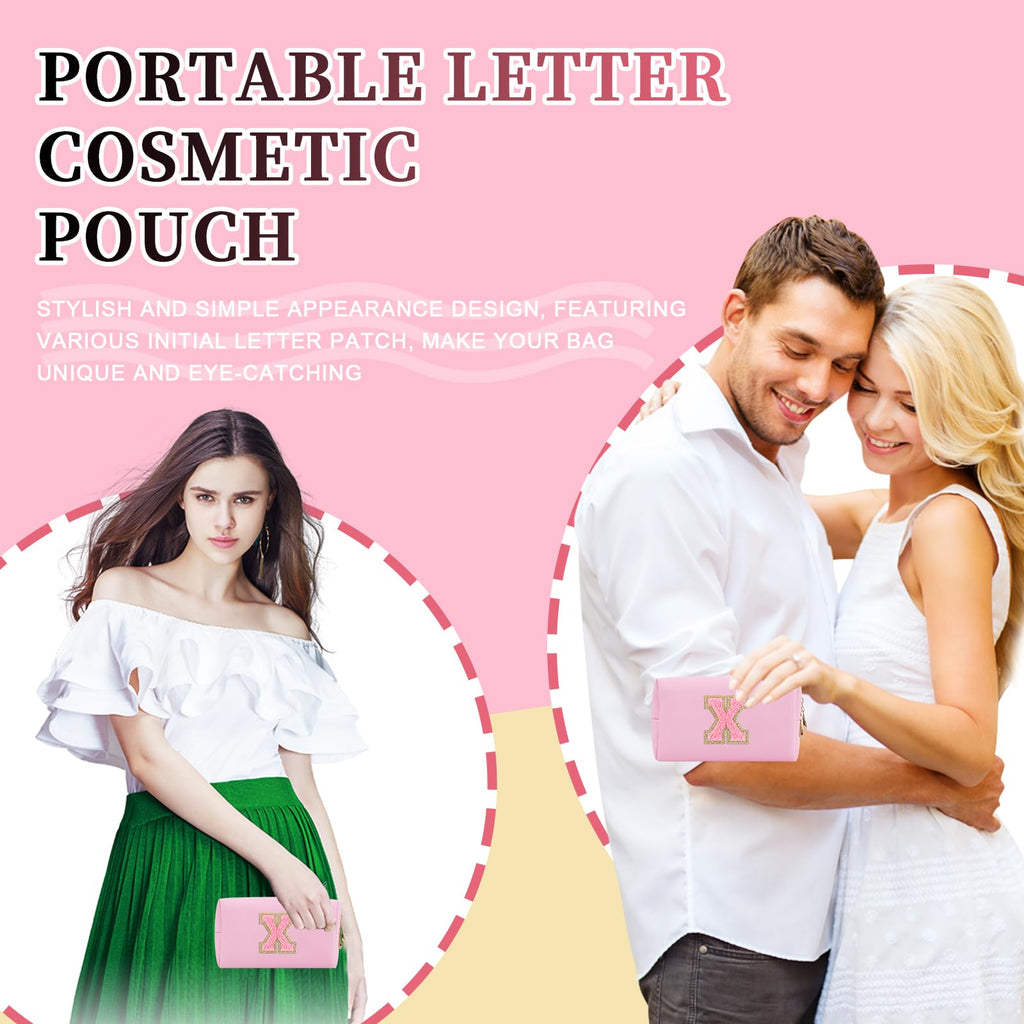 Personalized Initial Letter Patch Makeup Bag, Preppy Small Chenille Cosmetic Bag with Zipper, PU Leather Waterproof Travel Toiletry Bag Monogram Make Up Pouch for Women Girls