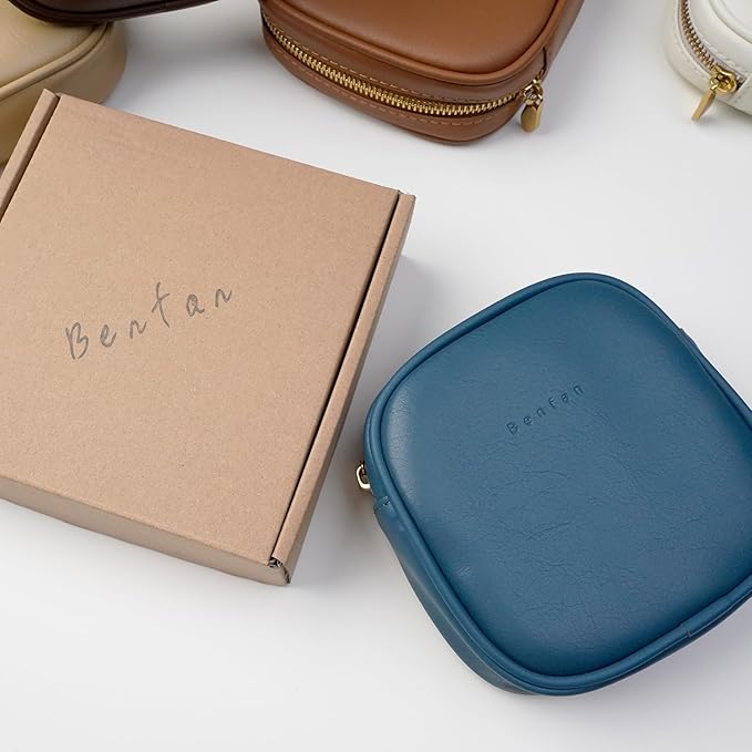 Benfan Leather Cosmetic Bag for Women Small Zipper Makeup Bag for Purse Waterproof Travel Makeup Organizer Charger Storage Pouch Color Blue