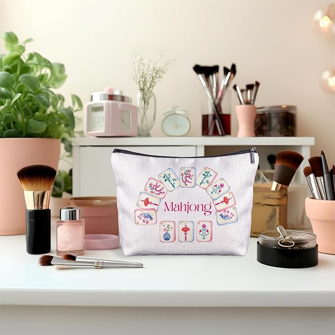 Zomhix Chinoiserie Chinese Mahjong Makeup Bag, Mah Jong Gifts for Women Cosmetic Bags, Gifts for Mahjong Players Lovers Makeup Zipper Pouch