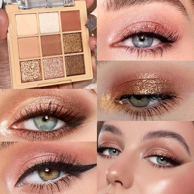 CAKAILA 9Colors Nude Champagne Gold Rose Brown Colorful Glitter Eyeshadow Palette Makeup,Korean Natural Neutral Rainbow Eyeshadow Palettes Naturing-Looking Long Lasting Waterproof Blendable