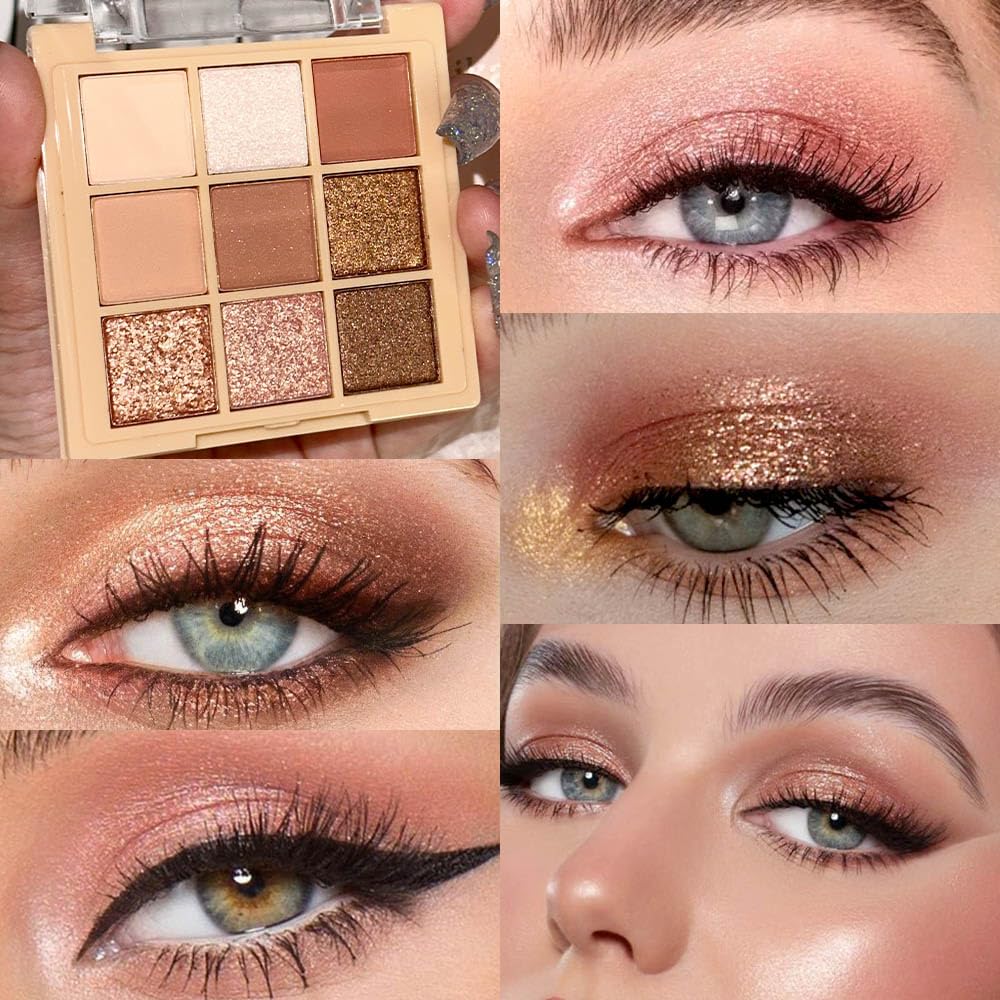 CAKAILA 9Colors Nude Champagne Gold Rose Brown Colorful Glitter Eyeshadow Palette Makeup,Korean Natural Neutral Rainbow Eyeshadow Palettes Naturing-Looking Long Lasting Waterproof Blendable