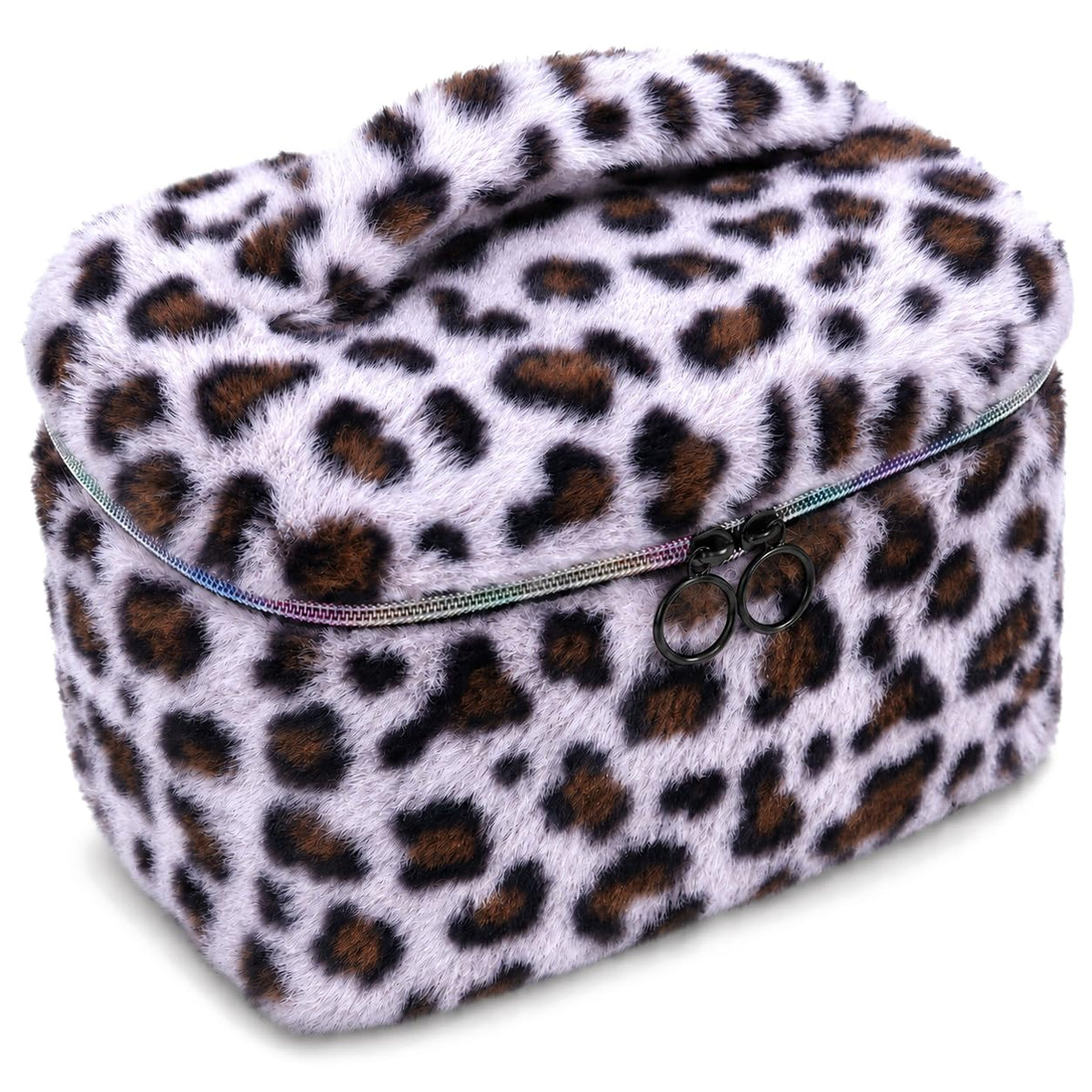 imerelez Plush Makeup Bag for Women, Leopard Print Faux Fur Travel Cosmetic Organizer, 10.2 x 7 x 7 in Soft Fluffy Toiletry Bag for Makeup, Skincare and Beauty Essentials (Beige)