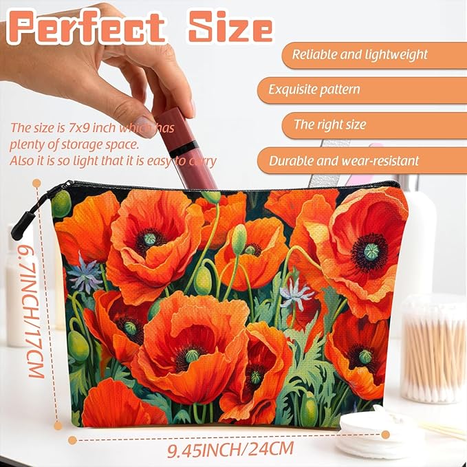 Scribesense Cosmetic Bags Travel Makeup Toilet Case Waterproof Pouch for Women Girls 6.7X9.45inches - Vibrant Orange Poppies With Greenery