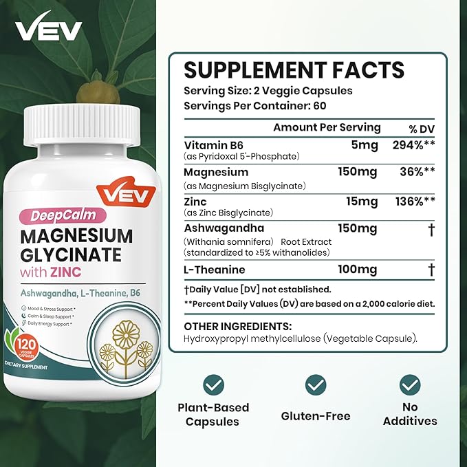 VEV Deep Calm Magnesium Glycinate and Zinc Supplement with Vitamin B6, Ashwagandha & L-Theanine – Cortisol Supplements for Daily Balance – 120 Vegan Capsules