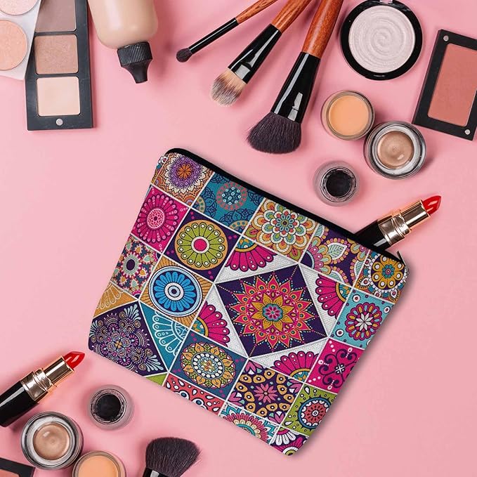 Kalygon Women Makeup Organizer Bag Mandala Floral, Colorful Ethnic Mandala Flower Patchwork Flax Cosmetic Bag Makeup Bags Toiletry Bag Accessories Organizer Travel Bags For Home Bathroom Office Hotel