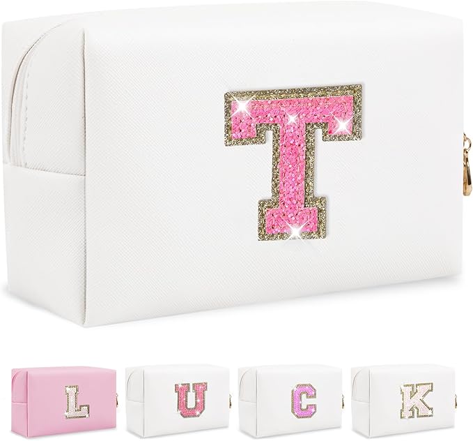 Personalized Initial Letter Makeup Bag, Small Preppy Glitter Letter Cosmetic Pouch PU Waterproof Zipper Travel Toiletry Bag, Unique Letter Patch Makeup Organizer Gift for Women Teen Girls(Letter T)