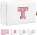 Personalized Initial Letter Makeup Bag, Small Preppy Glitter Letter Cosmetic Pouch PU Waterproof Zipper Travel Toiletry Bag, Unique Letter Patch Makeup Organizer Gift for Women Teen Girls(Letter T)