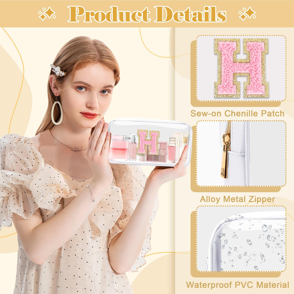 UIXIZQ Personalized Initial Letter Clear Makeup Bag,Preppy Small Nylon&PVC Cosmetic Zipper Bag with Chenille Letter,Travel Skincare Toiletry Bag,Monogram Christmas Gift for Teen Girls Women,H