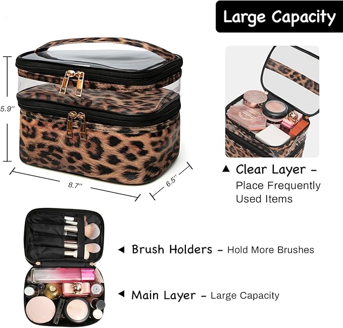 imerelez Double-layer Cosmetic Bag Makeup Bag Travel Makeup Bag Makeup Bags for Women Cosmetics Cases Portable Waterproof Foldable (Leopard)