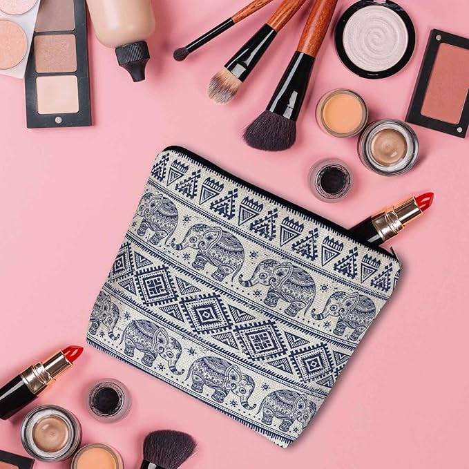 Kalygon Elephant Cosmetic Bags For Women, Ethnic Geometric Elephant Roomy Makeup Bag Toiletry Bag Accessories Organizer Storage Bags Makeup Pouch For Travel Business Gym Camping Bathroom, Blue