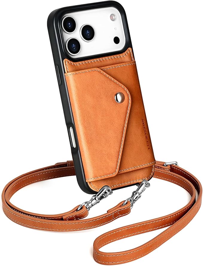 LUCKYCOIN Crossbody Phone Case for iPhone 17 Pro Max, 100% Genuine Leather Phone Wallet Case for Women, Premium Hands-Free Phone Purse with Expandable Flip Card Holder & Adjustable Strap - Retro Brown