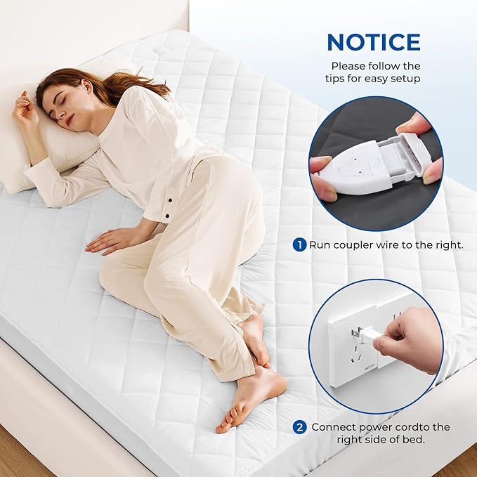 Heated Mattress Pad Queen Size Quilted Zone Heating Electric Bed Warmer Luxury Comfort Heat Mattress Pad Cover Dual Controller（10 Heat Setting | 1-12 Hours Auto Shut Off | with 8-21 Inch Deep Pocket）
