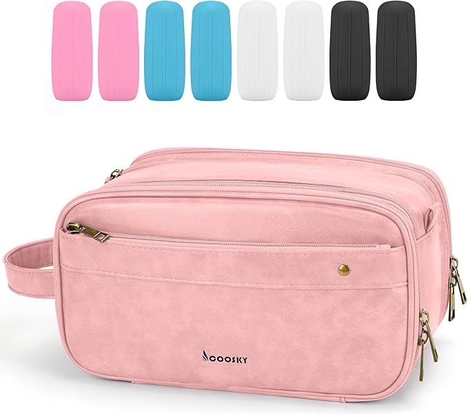 COOSKY Travel Toiletry Bag for Women, Large Hanging Toiletries Organizer Bags for Man, Cruise Ship Essentials, Water-resistant Shaving Case, PU Leather Makeup Accessories, Cosmetic Dopp Kit, Pink