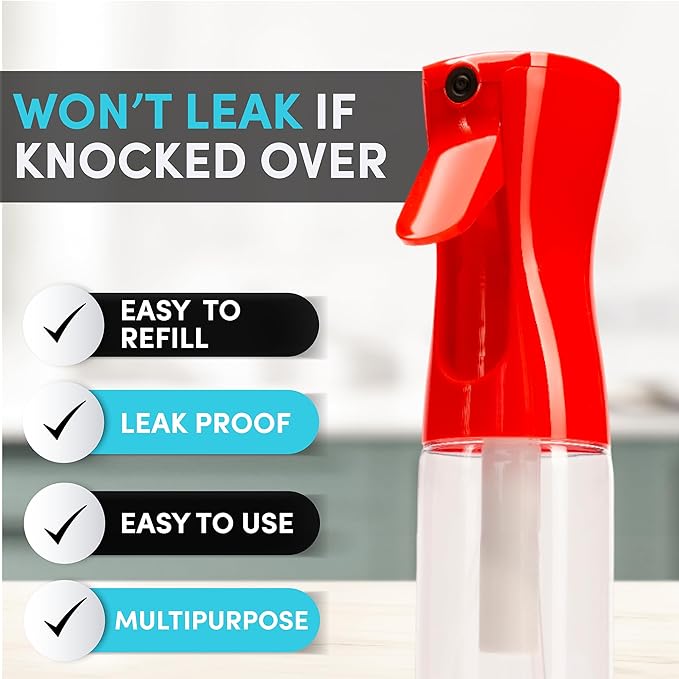 Hula Home Spray Bottle for Hair (10.1oz/300ml) - Continuous Ultra Fine Mist Sprayer for Hairstyling, Cleaning, Salons, Plants, Essential Oil & More - Red/Clear