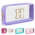 Mini Clear Personalized Initial Makeup Bag,Nylon Preppy A-Z Chenille Letter Patch Zipper Cosmetic Bag, Small Cute Beach Pouch Travel Purse Sanitary Napkin Storage Bag for Women Girls(Hot Pink-White H)
