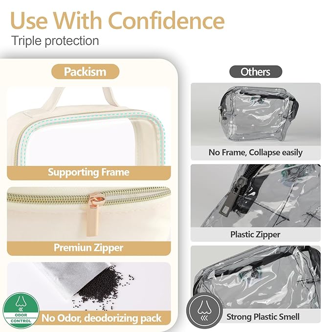 PACKISM Clear Makeup Bag Travel - TSA Approved Toiletry Bag, 2 Cream White