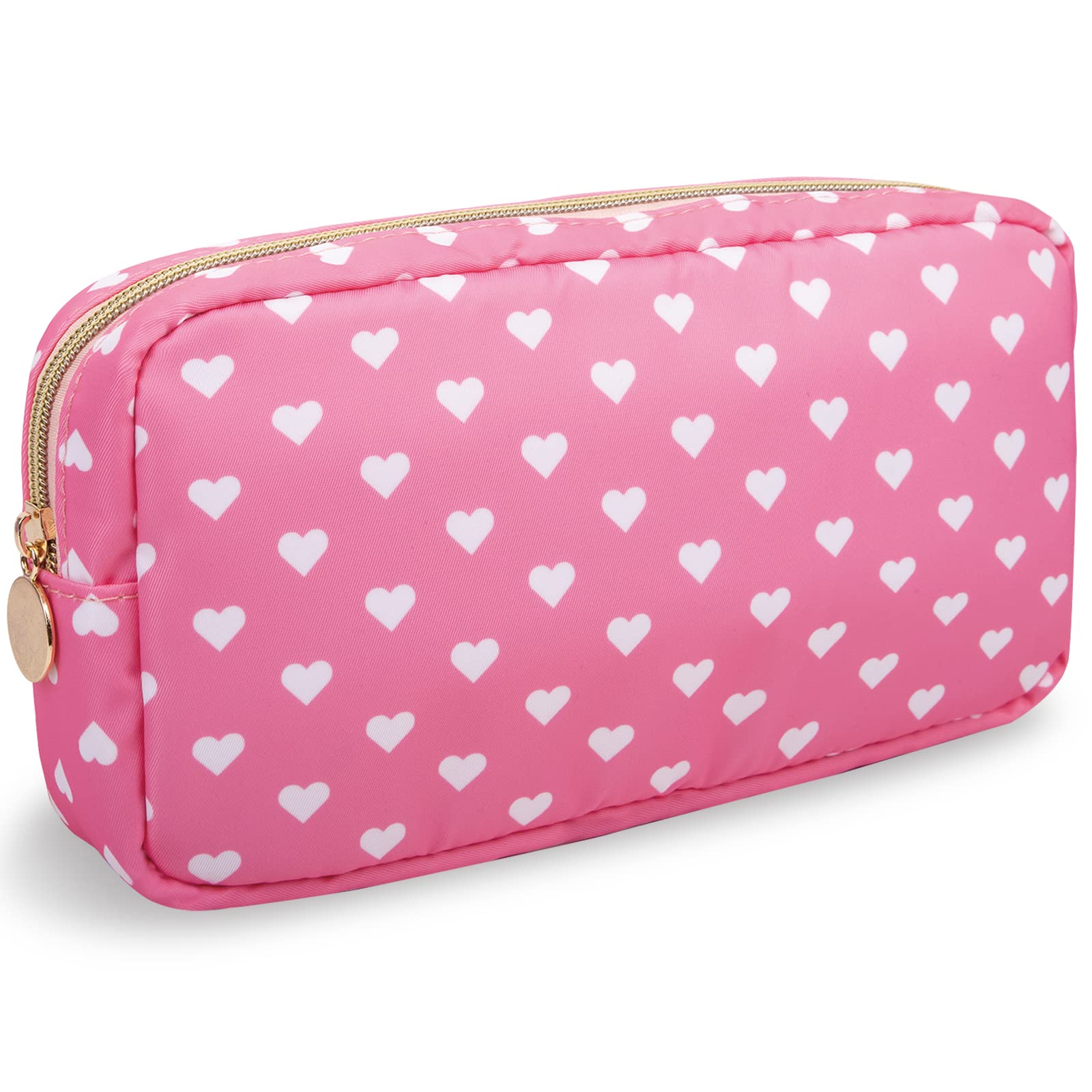 Nylon Small Makeup Bag for Purse, Cute Makeup Bag Preppy Cosmetic Zipper Pouch Purse, Waterproof Portable Travel Toiletry Bag Clutch Makeup Brush Bag Organizer Storage for Women Men Girls(Pink Heart)