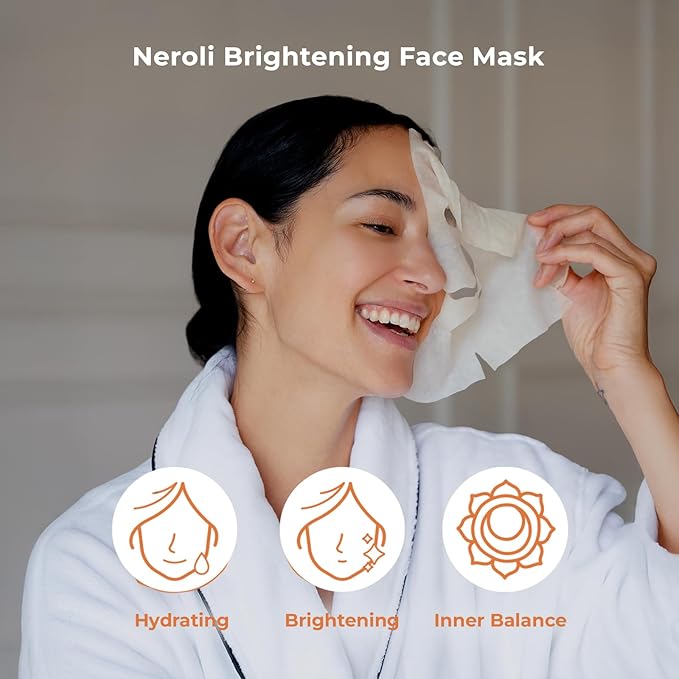 INNA ORGANIC Sheet Mask - Brightening & Radiance, EWG & COSMOS Certified (Pack of 5) | Neroli Essential Oils Infused Skin Care | Luxury Clean Beauty