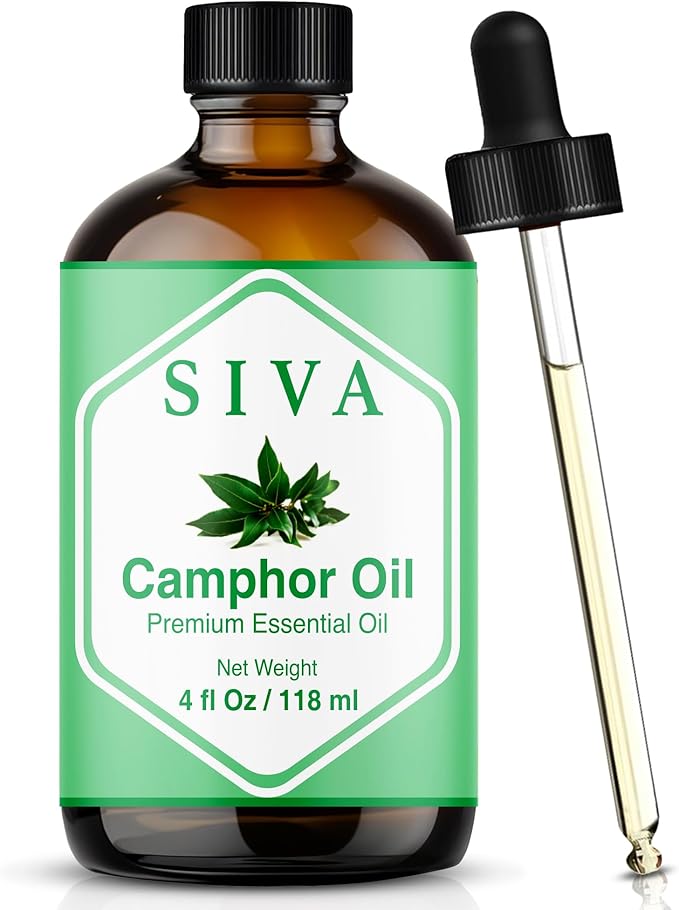 Siva Camphor Essential Oil 4 Fl Oz – for Diffuser, Skin & Hair Care – Ideal for Massage & DIY Blends- with Dropper