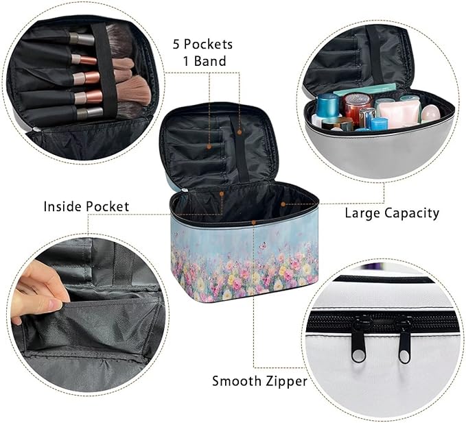 Drydeepin Butterfly Vibrant Rose Floral Print Travel Makeup Bags for Women Portable Tote Cosmetic Case with Carry Handle Toiletry Accessories Storage Organizer Bags