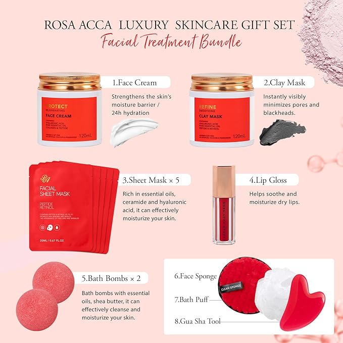 Gifts for Women, Red Rose 32 Pcs Face Skin Care Gifts Set, Birthday Gift for Women, Bath and Body Gifts Basket Set, Spa Set & Self-Care Basket, Thinking of You Gift, Christmas, Anniversary, Wife