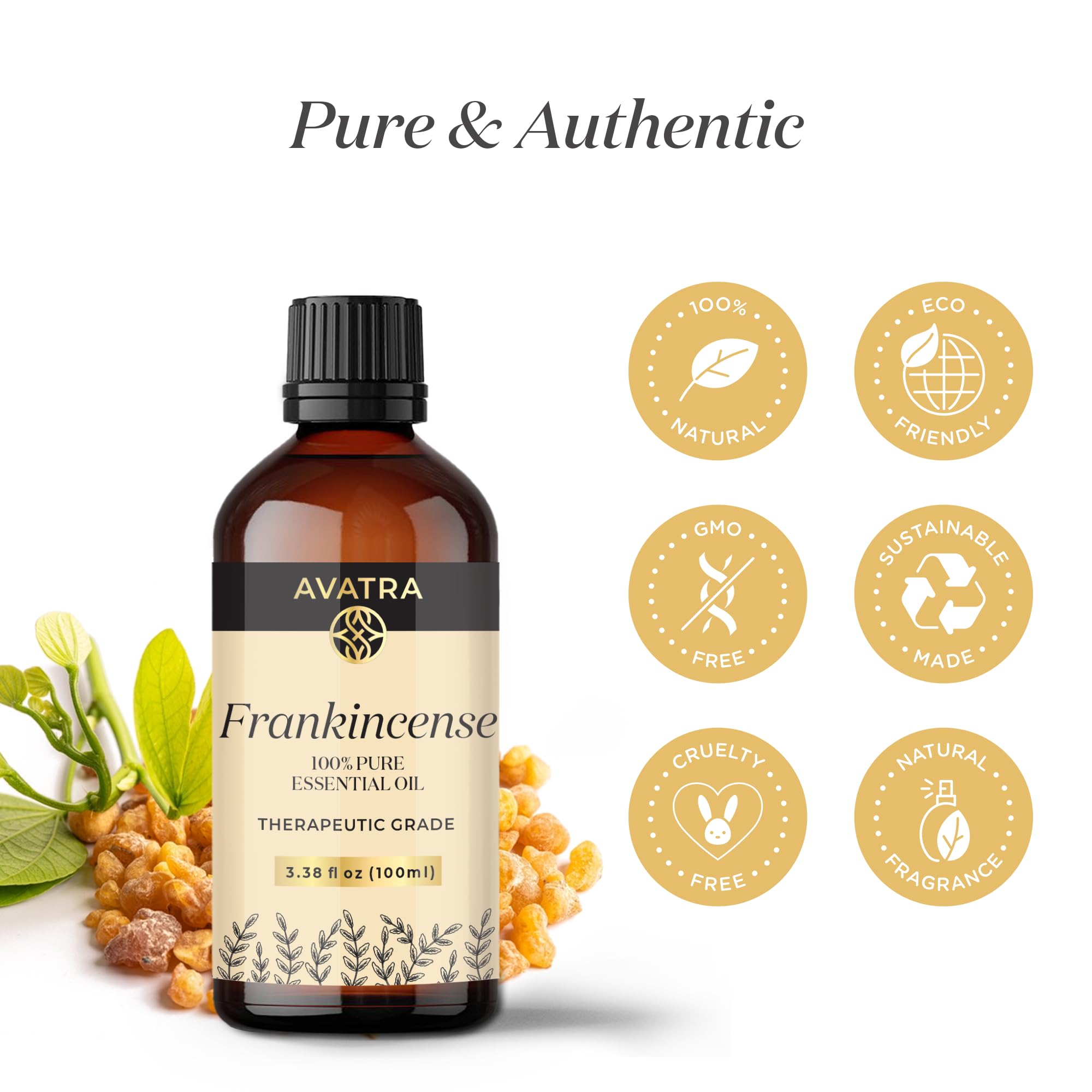 Avatra Frankincense Essential Oil 100ML (3.38 OZ) with Glass Dropper and Travel Bottle, Pure and Natural Therapeutic Grade Frankincense Oil for Diffuser, Aromatherapy, Massage, and DIY Candle Products