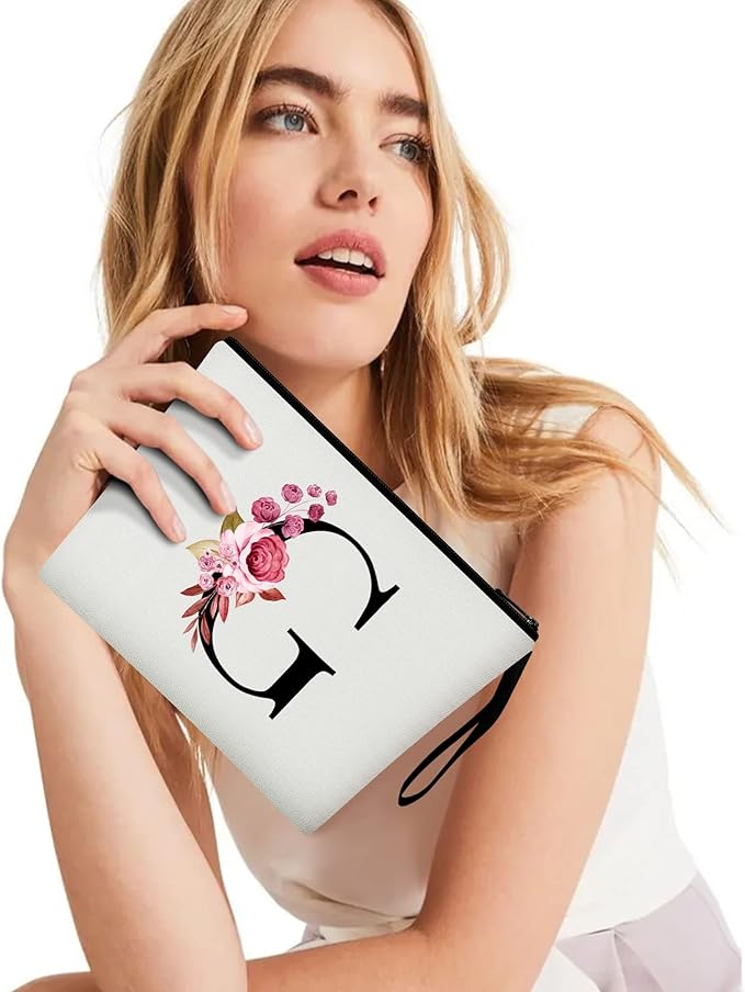 Vavabox A-Z Personalized Makeup Bag, Birthday Gifts for Women Mom, Gifts for Best Friend, Bride Bridesmaid Cosmetic bag (G, 01-White)