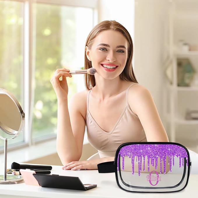 KFNHN Personalized Name Clear Toiletry Bag, Large Travel PVC Cosmetic Bag Portable Makeup Organizer Bag for Women Bathroom Shower Essentials, Dark Voilet Purple Fluid Shape Glittering