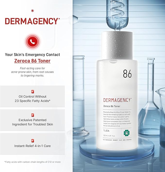 DERMAGENCY Zeroca 86 Toner | Korean Toner for Acne-Prone & Sensitive Skin | Lightweight, Fast-Absorbing | Oil Control, Pore Refining, Redness Relief | Fragrance-Free | K-Beauty 6.76 Fl.Oz 200ml