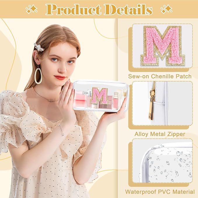 UIXIZQ Personalized Initial Letter Clear Makeup Bag,Preppy Small Nylon&PVC Cosmetic Zipper Bag with Chenille Letter,Travel Skincare Toiletry Bag,Monogram Christmas Gift for Teen Girls Women,M