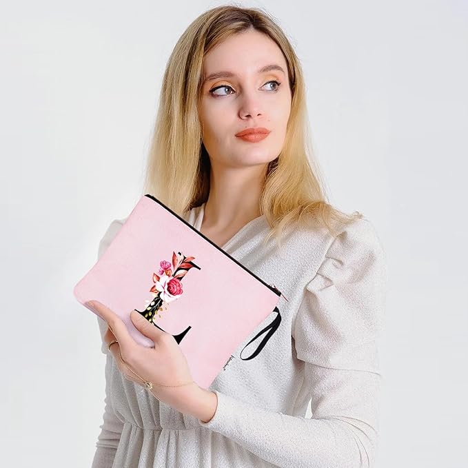 Vavabox A-Z Personalized Makeup Bag, Birthday Gifts for Women Mom, Gifts for Best Friend, Bride Bridesmaid Cosmetic bag (L, 06-Pink)