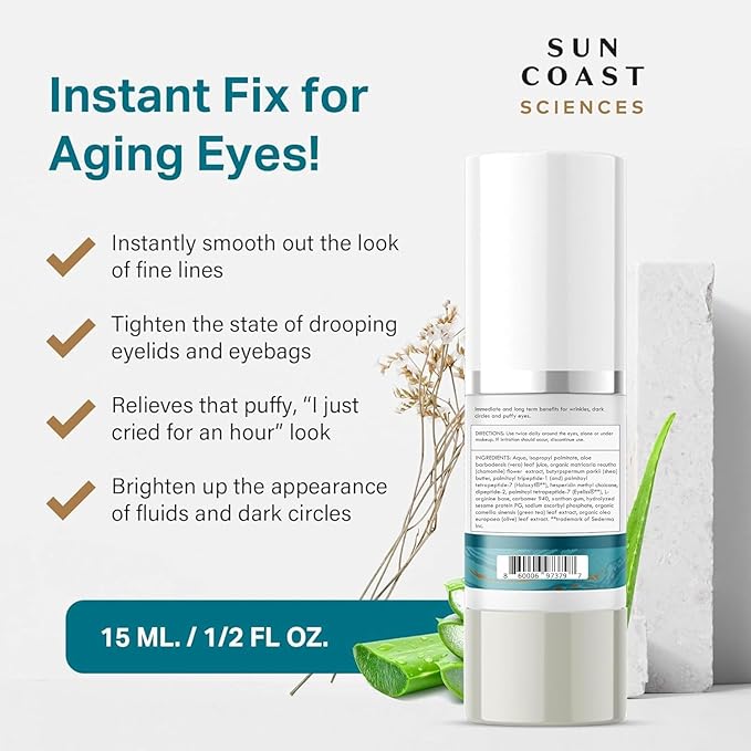 Sun Coast Sciences Complete Eye Serum - All In One Eye Gel with Peptides, Hyaluronic Acid & Vitamin C - Anti Aging Under Eye Serum for Dark Circles & Fine Lines - 0.5 Fl Oz (Pack of 1)