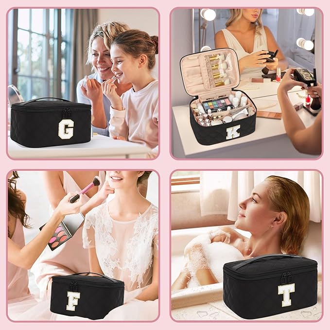 OCHEAL Makeup Bag for Women, Monogram Cosmetic Bag with Brush Holder,Black Travel Makeup Case Beauty Toiletry Bag Organizer Personalized Gifts for Girls Bridesmaid, Sister, Wife, Friends Initial K