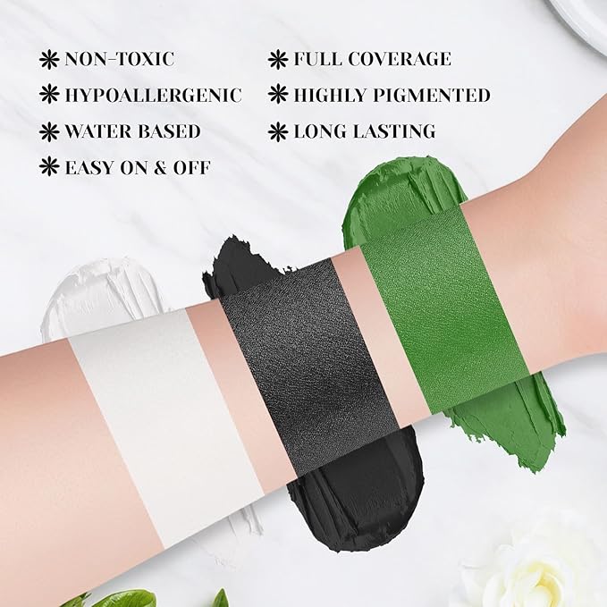 YBUETE Black White Green Face Body Paint Stick Set for Halloween Cosplay