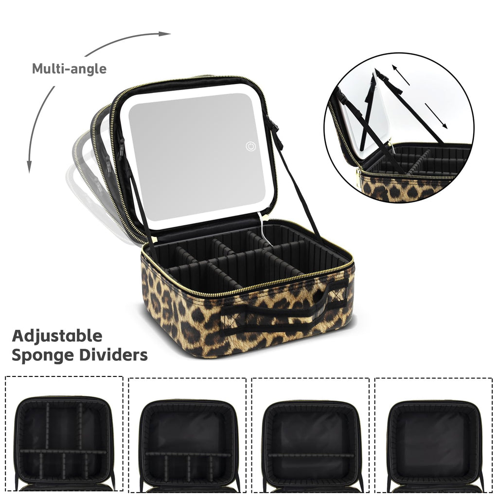 Jadazror Makeup Bag with Light Up Mirror, Lighted Travel Makeup Organizer 3 Colors Adjustable Brightness, Makeup Bag with Mirror and Light, Travel Train Case Portable Cosmetic Bag for Women(Leopard)