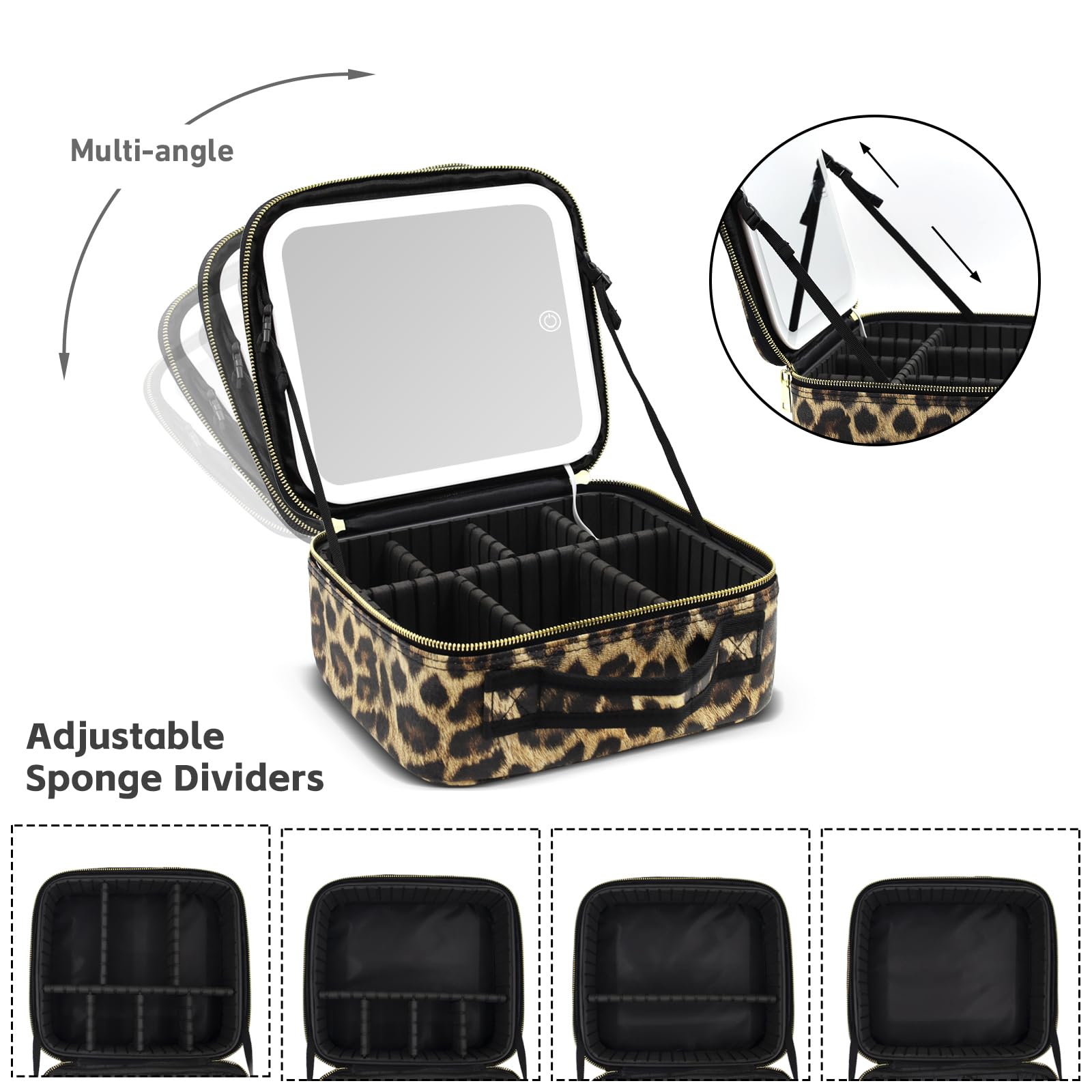 Jadazror Makeup Bag with Light Up Mirror, Lighted Travel Makeup Organizer 3 Colors Adjustable Brightness, Makeup Bag with Mirror and Light, Travel Train Case Portable Cosmetic Bag for Women(Leopard)