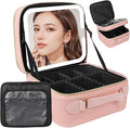 Behaesty Travel Makeup Bag with LED Mirror Double Layer, Detachable Vanity Mirror with Lights, Tri-light Dimmable, Makeup Case with Adjustable Dividers and Brush Holder Cosmetic Organizer Storage Box