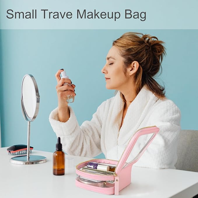 Yeeits Clear Makeup Bag Travel Size Toiletry Bag Organizer Case Quality PU Leather Transparent Small Cosmetic Bag Car Bag for Essentials with Durable Zipper (Pink)