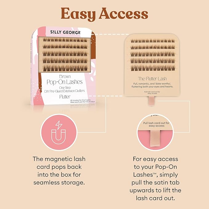 Silly George Pop-On Lashes - DIY 1-Step Pre-Glued Faux Eyelash Clusters, Natural Look Extensions, Light Brown - Flutter, 5-7 Pair Set, Pack of 60 Clusters