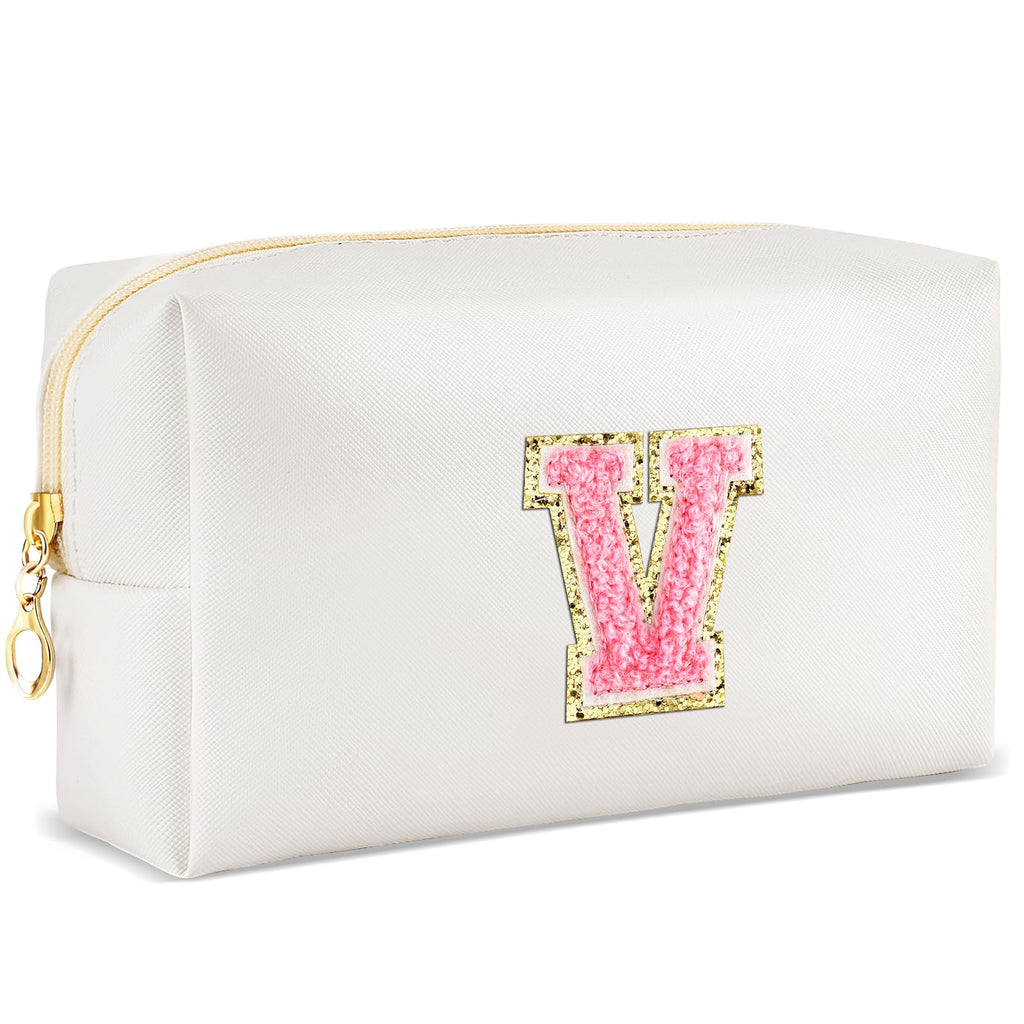 URSKYTOUS Initial Makeup Bag Personalized Preppy Travel Small Cosmetic Bag Cute PU White Chenille Letter Makeup Pouch for Purse Waterproof Zippered Toiletry Organizer for Women Girls Kids Friends (V)