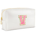 URSKYTOUS Initial Makeup Bag Personalized Preppy Travel Small Cosmetic Bag Cute PU White Chenille Letter Makeup Pouch for Purse Waterproof Zippered Toiletry Organizer for Women Girls Kids Friends (V)