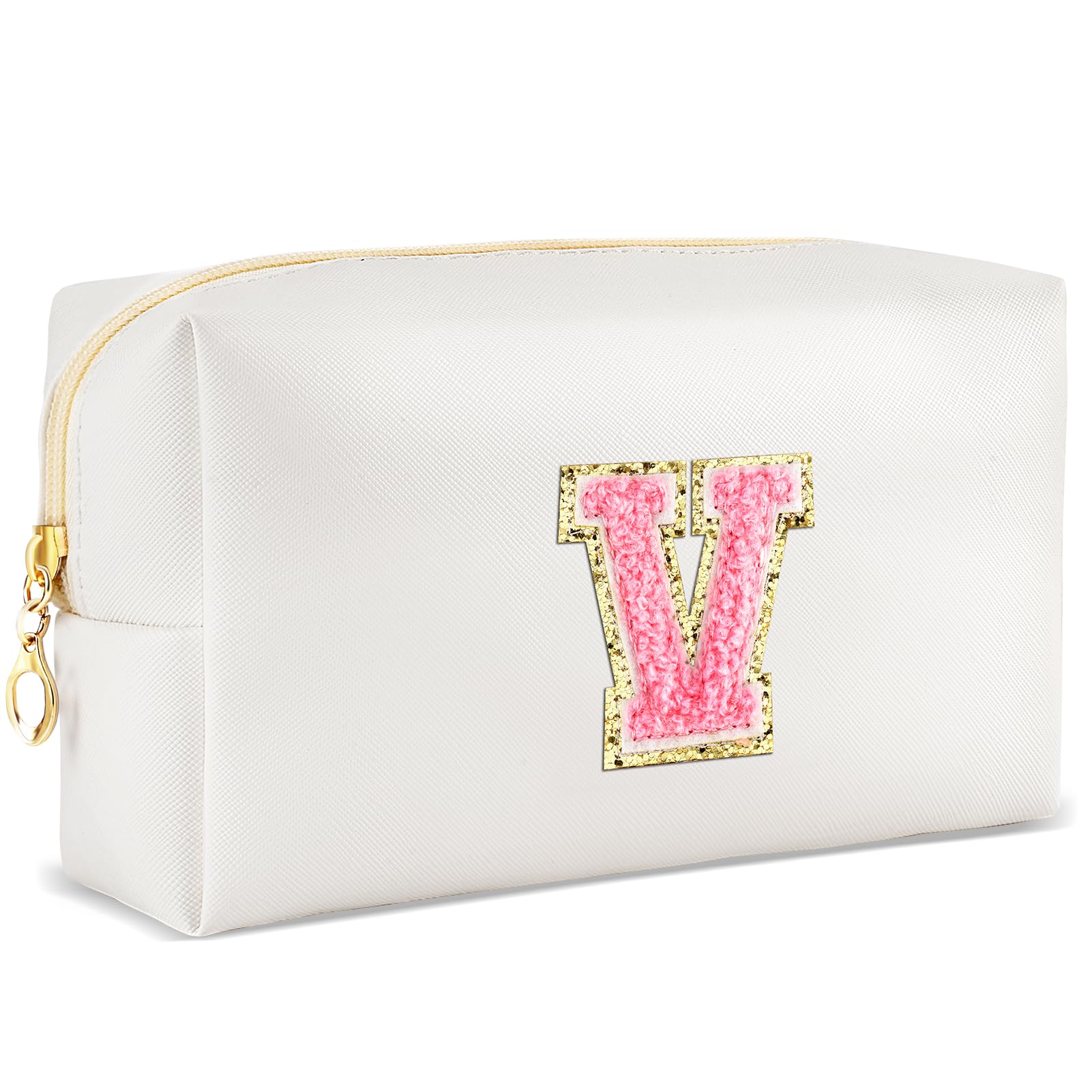 URSKYTOUS Initial Makeup Bag Personalized Preppy Travel Small Cosmetic Bag Cute PU White Chenille Letter Makeup Pouch for Purse Waterproof Zippered Toiletry Organizer for Women Girls Kids Friends (V)
