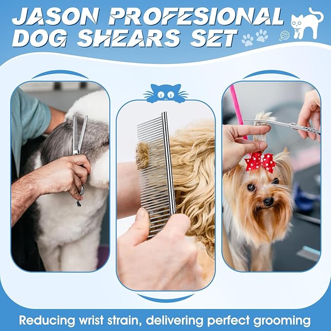 JASON Dog Grooming Scissors Set - Professional 6 in 1 Shears Kit Silver
