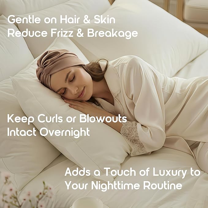 SYSERAN 100% Mulberry Silk Bonnet for Sleeping - Women Natural Curly Hair Night Cap Luxury Sleep Head Wrap with Elastic Band(Apricot)