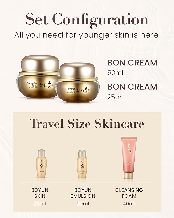 Sooryehan Boyun Cream Gift Set (5.24 fl oz) - Luxury Korean Skin Care, Red Ginseng Toner, Emulsion, Cleansing Foam & Moisturizer Cream, Deep Hydration