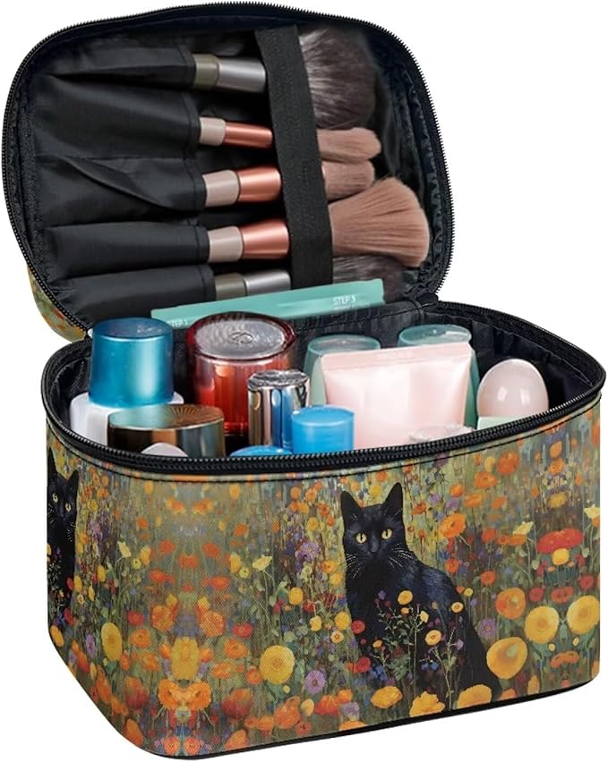 Drydeepin Black Cat Vibrant Floral Pattern Travel Makeup Bags for Women Portable Tote Cosmetic Case with Carry Handle Toiletry Accessories Storage Organizer Bags
