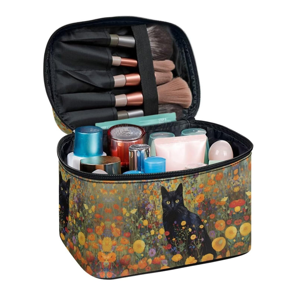 Drydeepin Black Cat Vibrant Floral Pattern Travel Makeup Bags for Women Portable Tote Cosmetic Case with Carry Handle Toiletry Accessories Storage Organizer Bags