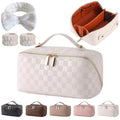 Cuteseason PU Leather Makeup Bag for Women, Structured Makeup Case with Wide Opening, Travel Cosmetic Bag with Compartments and Handle, Water-Resistant Makeup Organizer(White Checkered Grain)