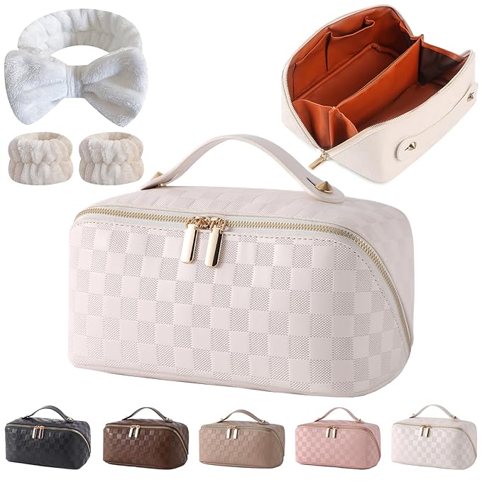 Cuteseason PU Leather Makeup Bag for Women, Structured Makeup Case with Wide Opening, Travel Cosmetic Bag with Compartments and Handle, Water-Resistant Makeup Organizer(White Checkered Grain)